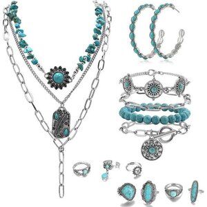 16 Pcs Western Jewelry for Women Bohemian Set, Boho Pendant Long Choker, Faux